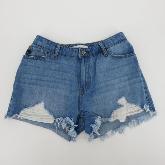 Kancan Women 9/28 KC7259NM High Rise Medium Wash Frayed Shorts Blue Denim Jean - Picture 11 of 11